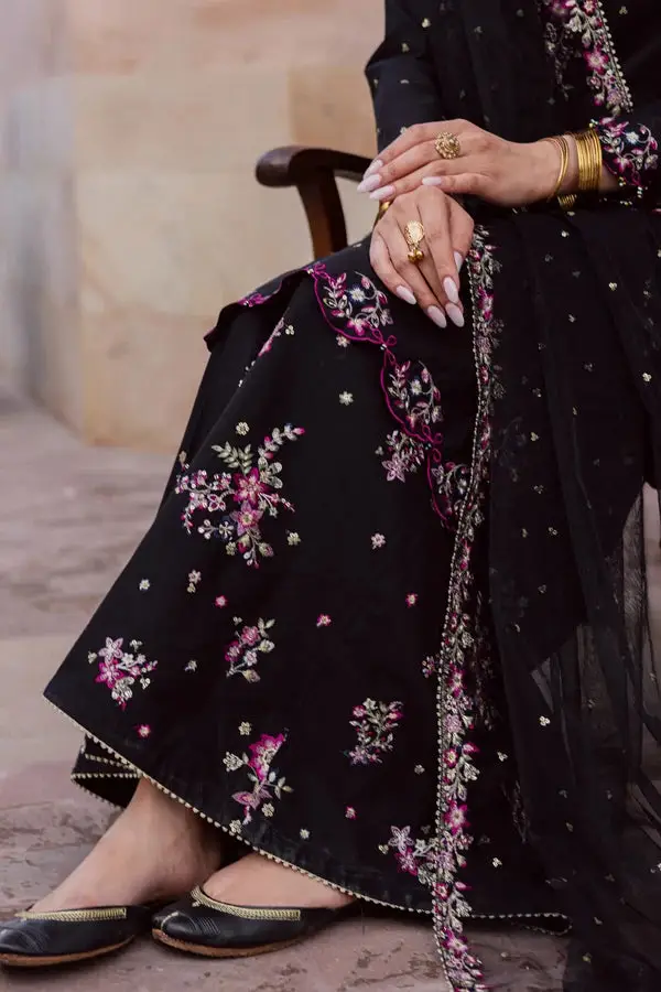 Elegant Black Embroidered Cotton Suit - 3 Pcs Set in Crinkle Chiffon