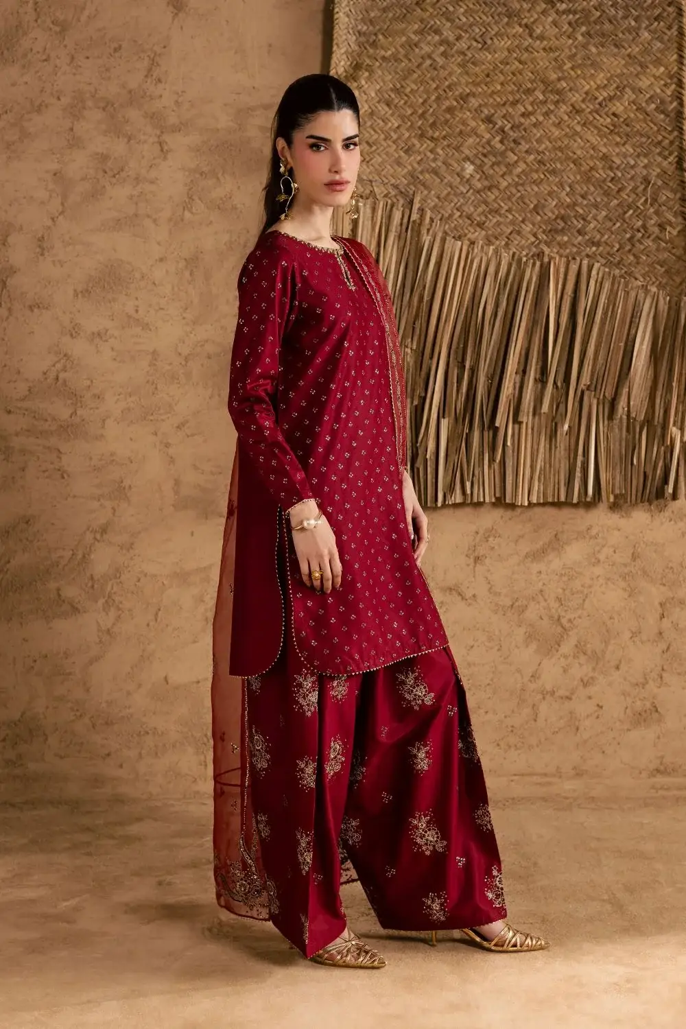 Stunning Embroidered Cotton Suit Set - 3 Pcs in Maroon