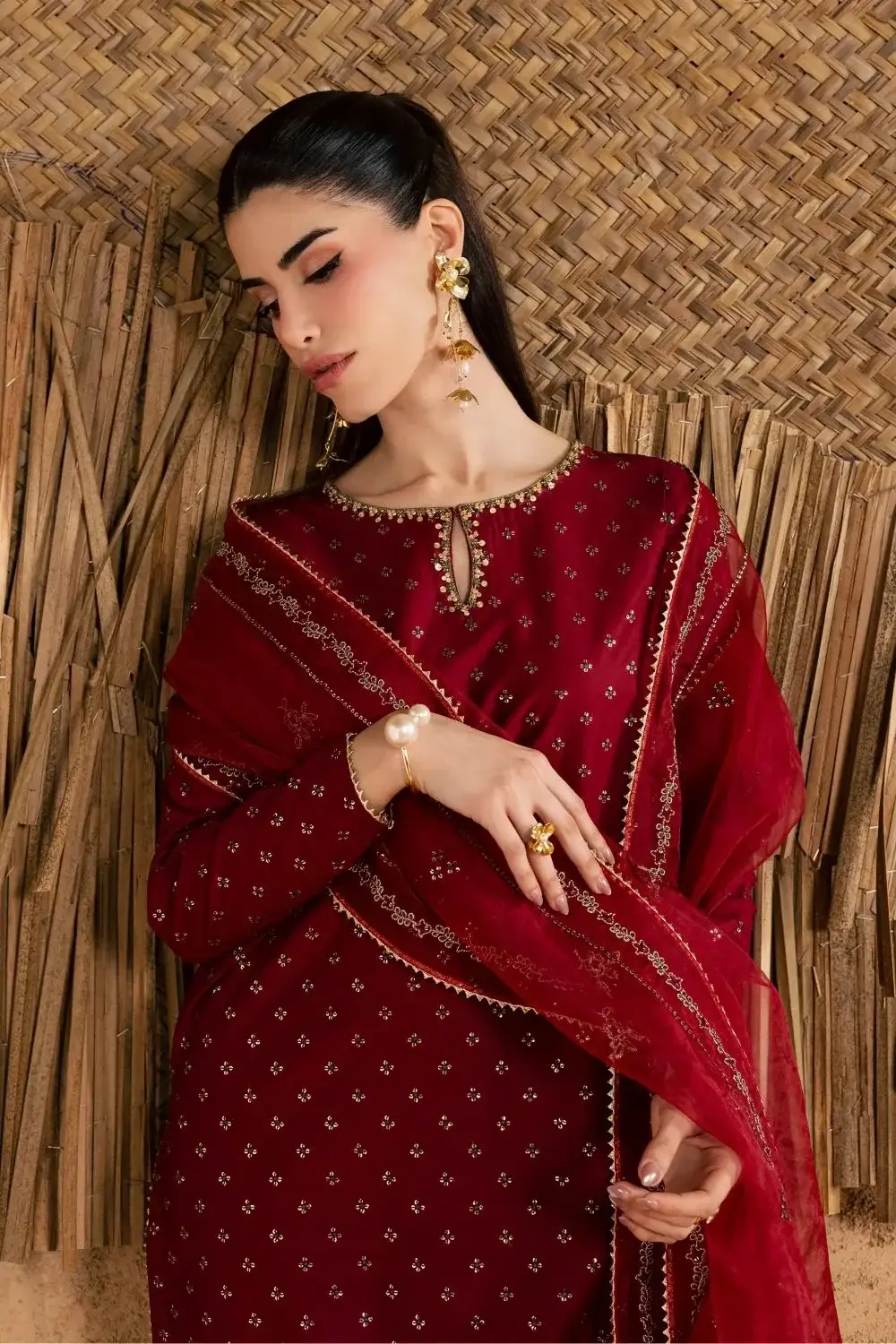 Stunning Embroidered Cotton Suit Set - 3 Pcs in Maroon