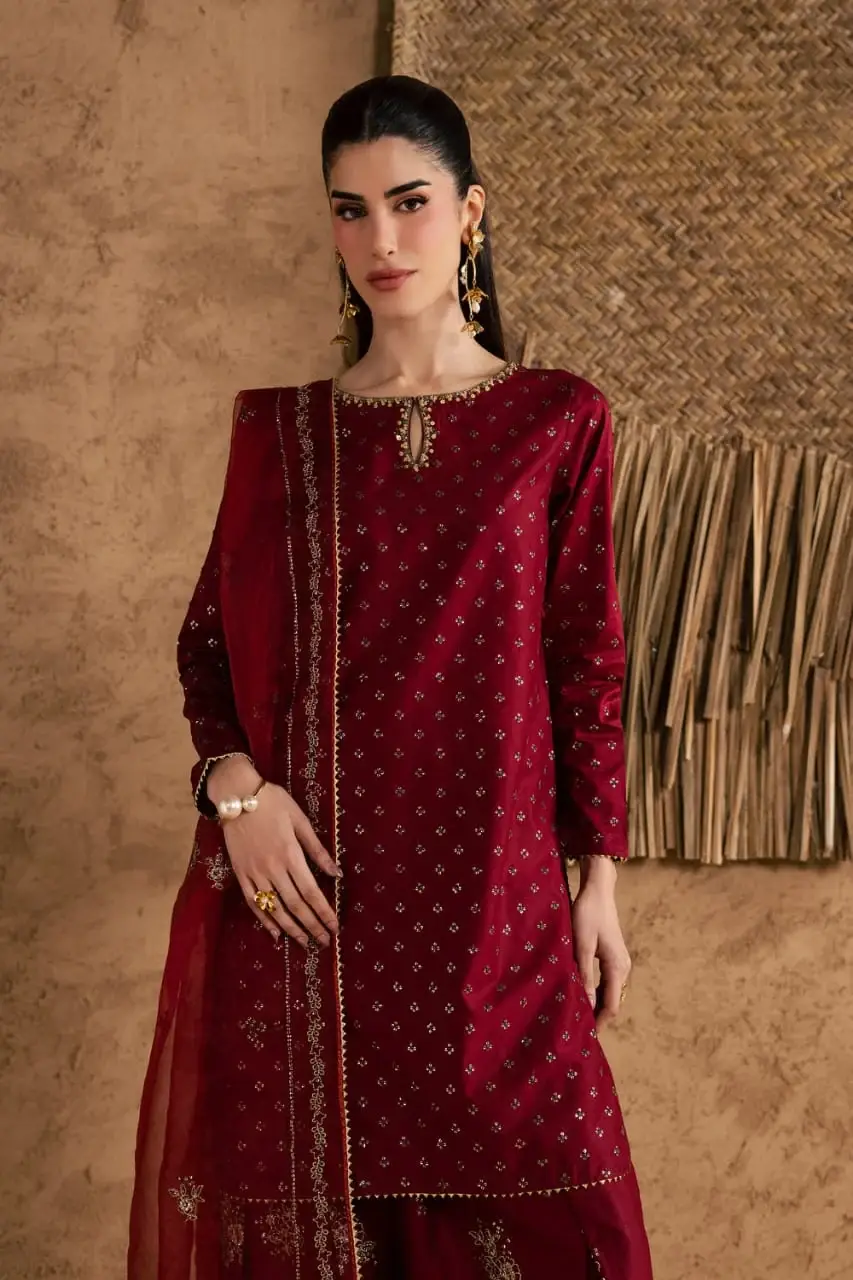 Stunning Embroidered Cotton Suit Set - 3 Pcs in Maroon