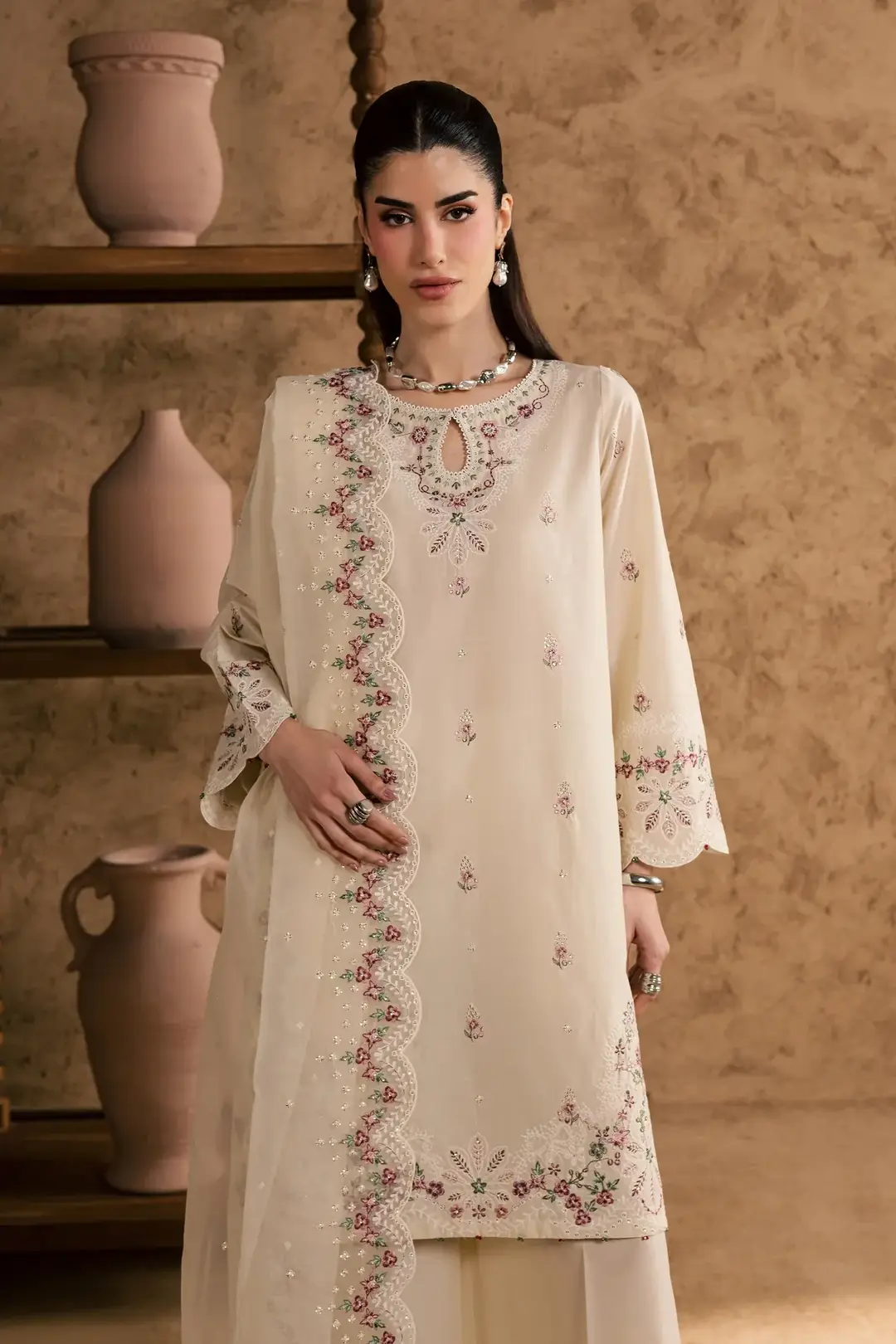 Women's Stitched Cotton Suit with Embroidery - 3 Pcs Set