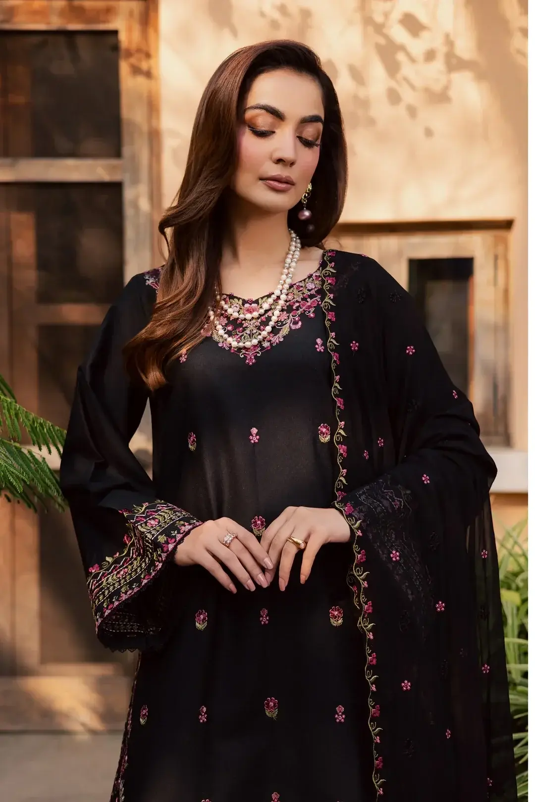 Stylish Black Cotton Embroidered Suit - 3 Pcs Set for Women