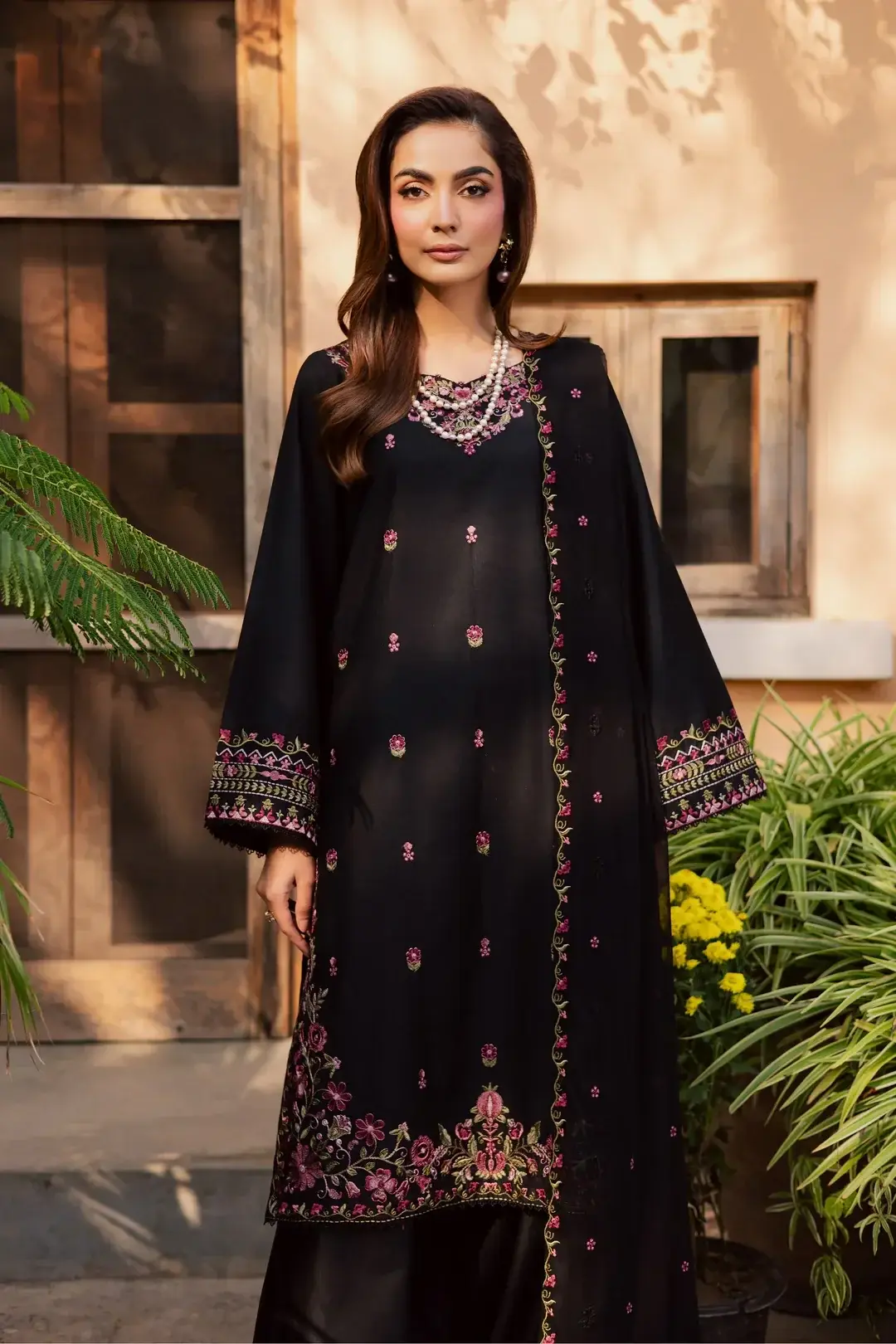 Stylish Black Cotton Embroidered Suit - 3 Pcs Set for Women