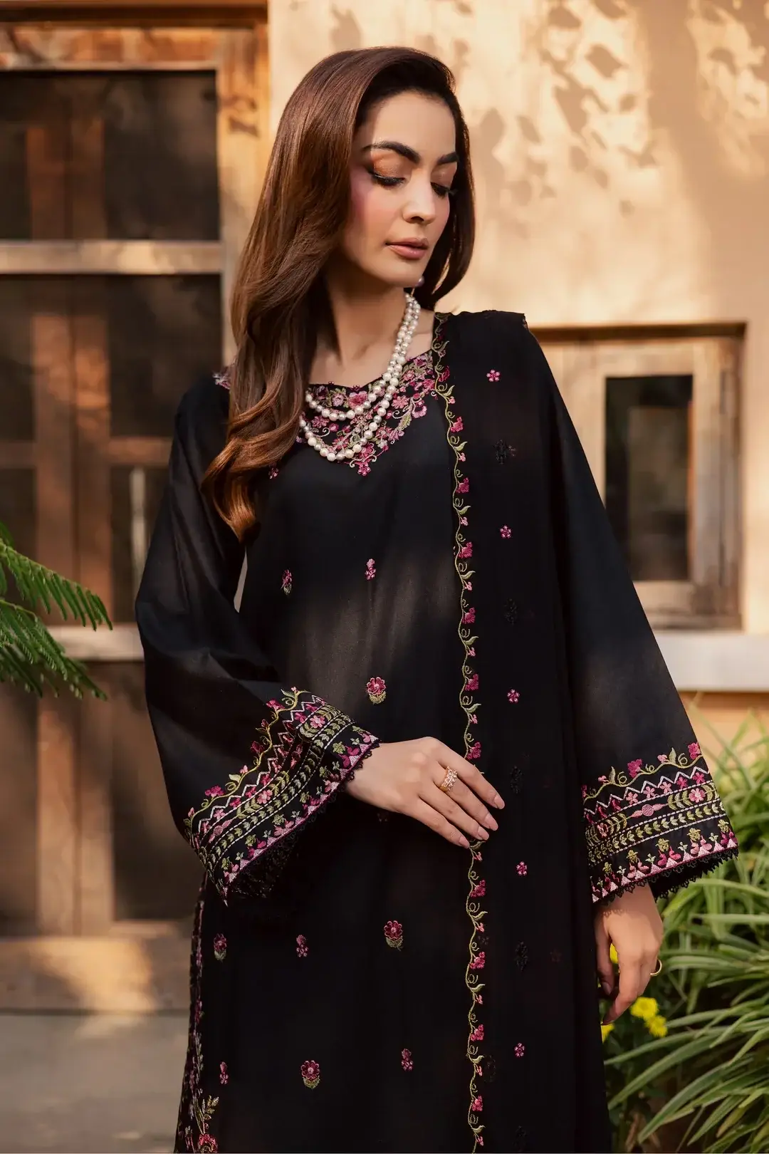 Stylish Black Cotton Embroidered Suit - 3 Pcs Set for Women