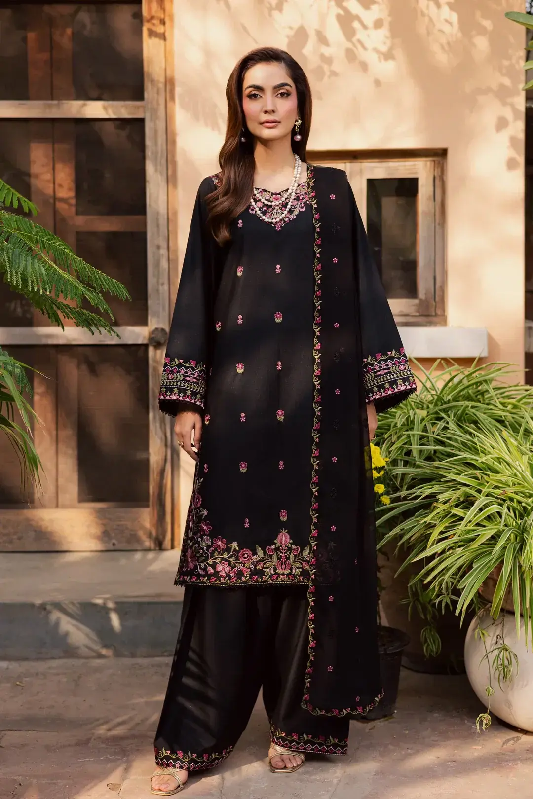 Stylish Black Cotton Embroidered Suit - 3 Pcs Set for Women