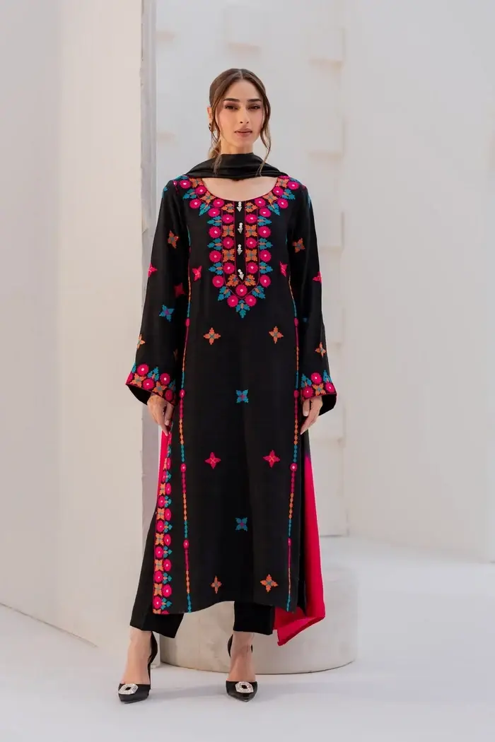 Black Embroidered Cotton Suit - 3 Pcs Set