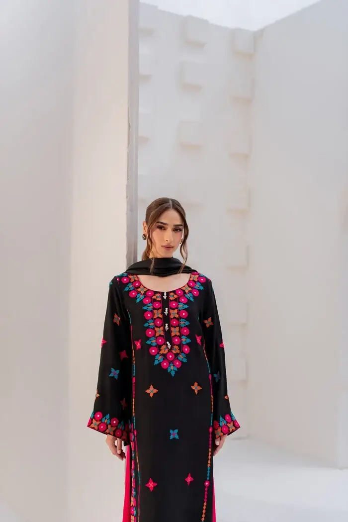 Black Embroidered Cotton Suit - 3 Pcs Set