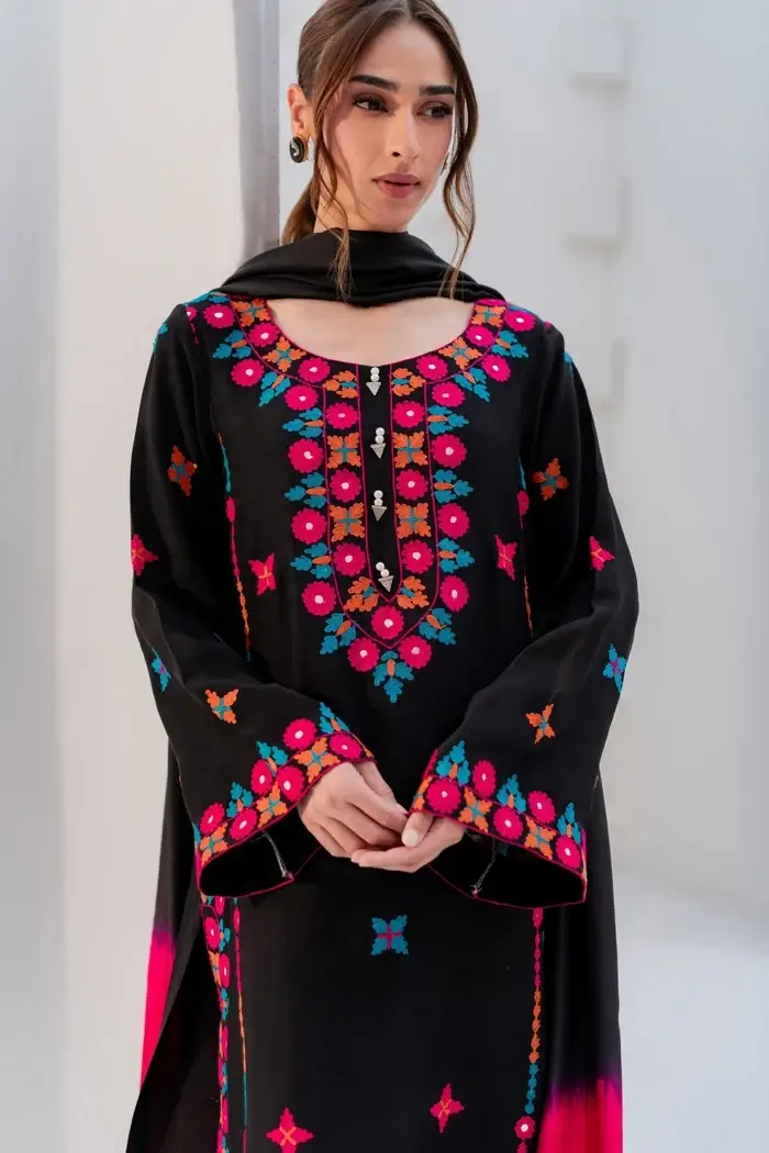 Black Embroidered Cotton Suit - 3 Pcs Set