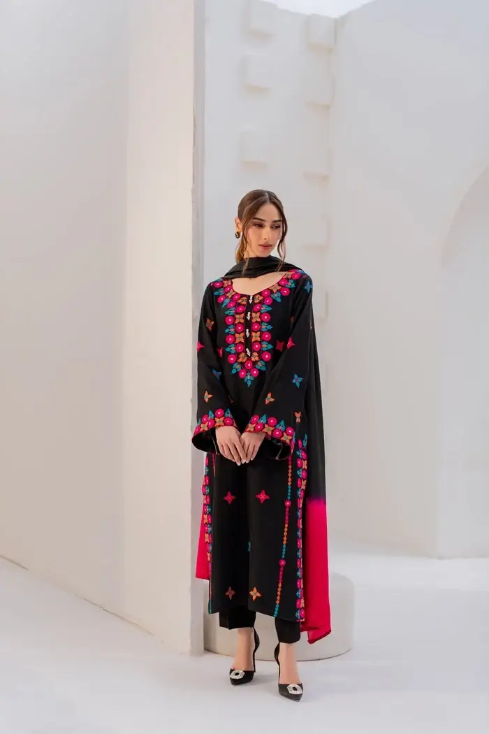 Black Embroidered Cotton Suit - 3 Pcs Set