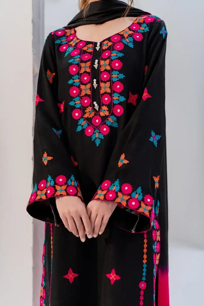 Black Embroidered Cotton Suit - 3 Pcs Set