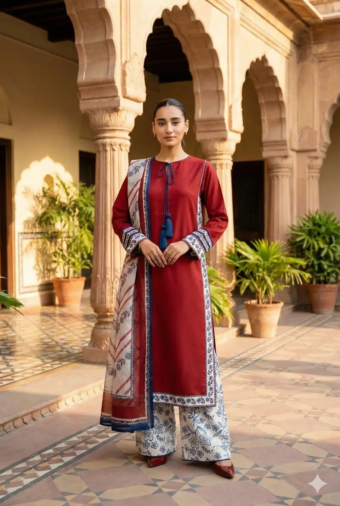 Stylish Women's Stitched Digital Printed Suit - 3 Pcs Set in Maroon