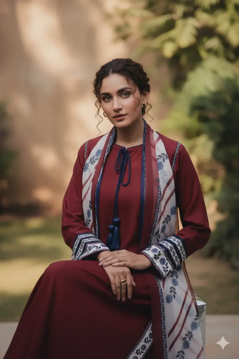 Stylish Women's Stitched Digital Printed Suit - 3 Pcs Set in Maroon