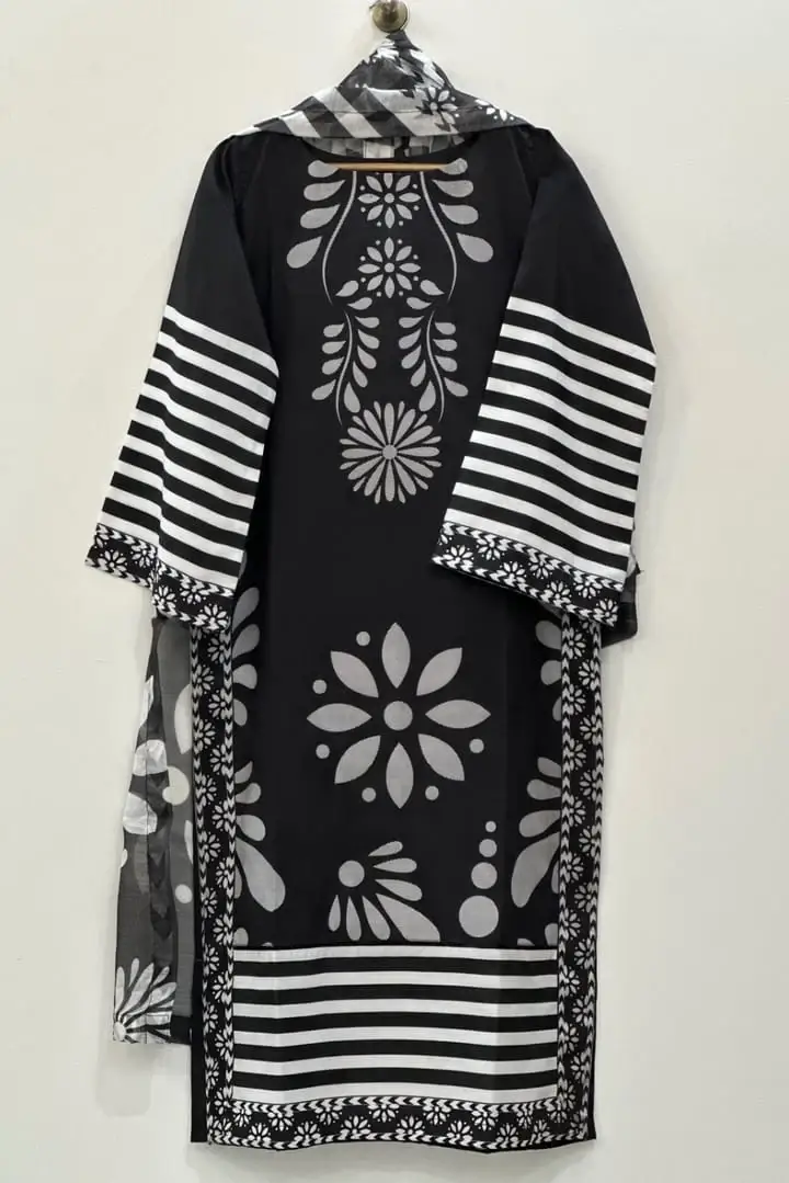Stylish Women's Stitched Suit - 3 Pcs Digital Print Lawn Set in Black