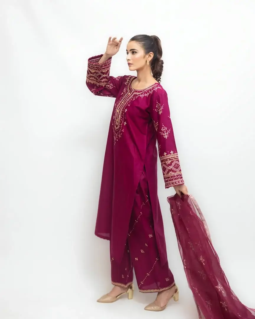 Stunning Pink Embroidered Arabic Lawn Suit - 3 Pcs Set