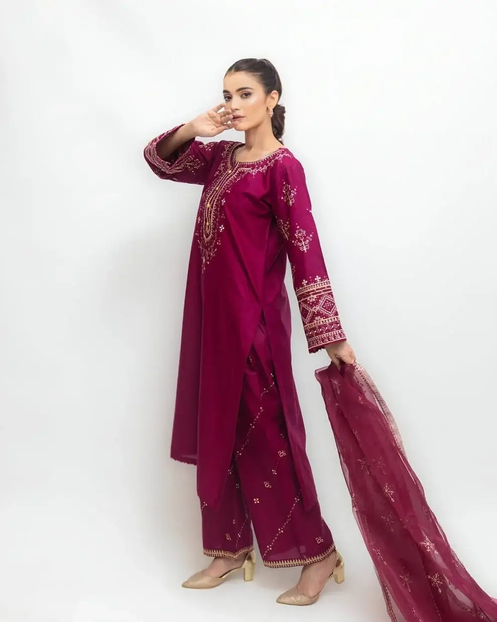 Stunning Pink Embroidered Arabic Lawn Suit - 3 Pcs Set