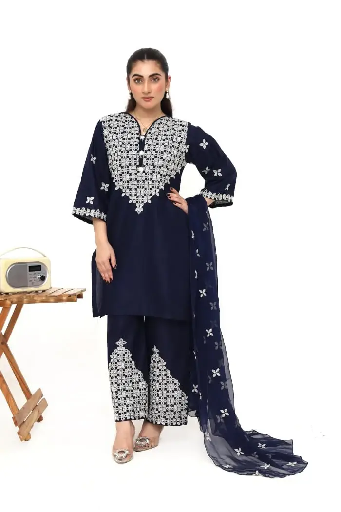 Stunning Women's Stitched Embroidered Linen Suit - 3 Pcs Set in Blue