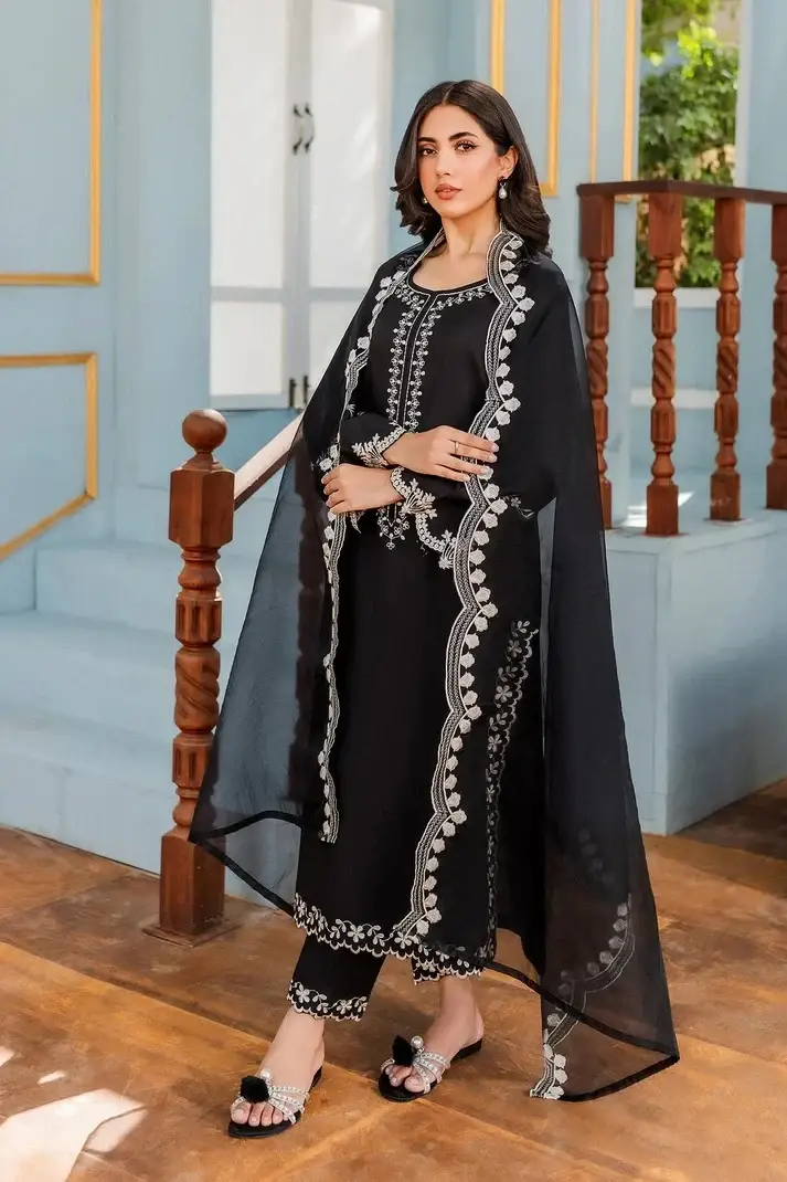 Embroidered Black Suit 3 Pcs Elegant Women's Stitched Attire