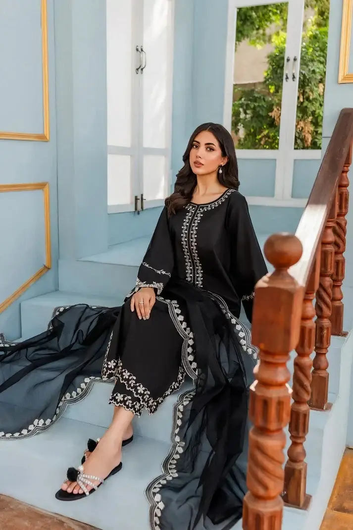 Embroidered Black Suit 3 Pcs Elegant Women's Stitched Attire