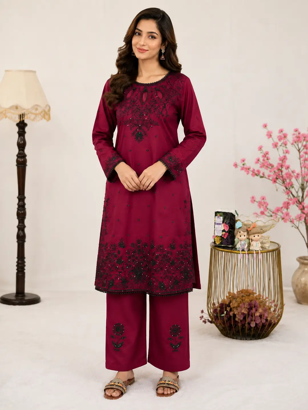 3 Pcs Women's Stitched Linen Embroidered Suit