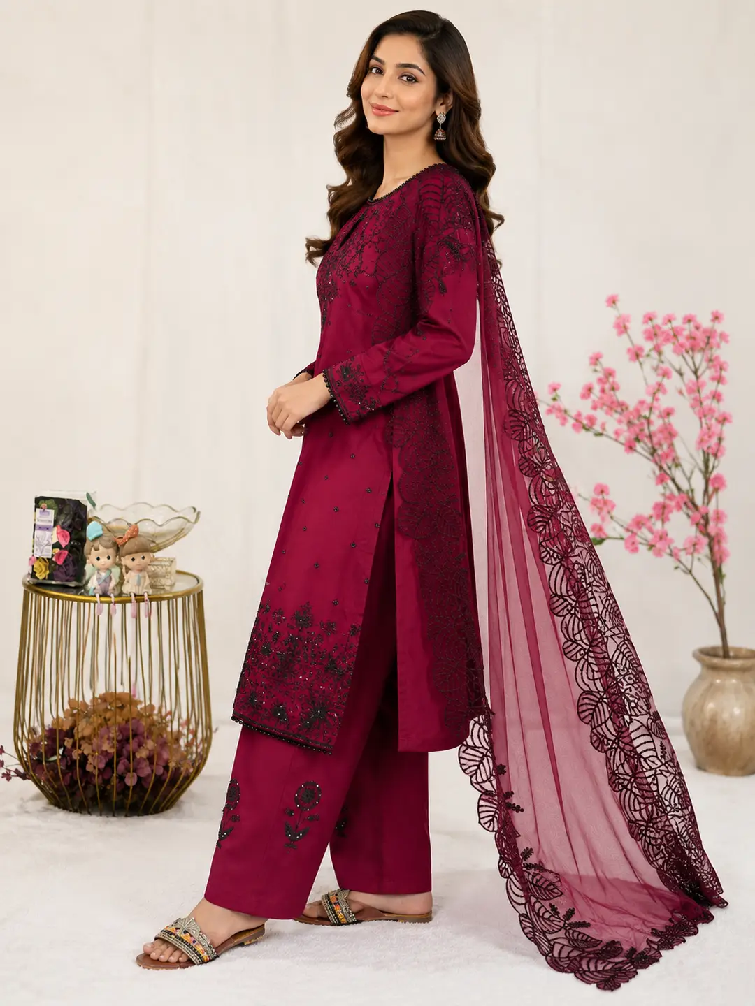 3 Pcs Women's Stitched Linen Embroidered Suit