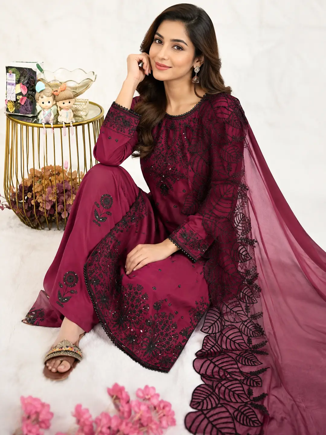3 Pcs Women's Stitched Linen Embroidered Suit