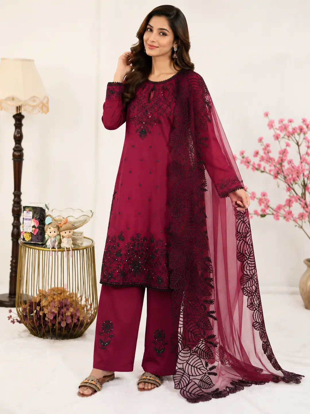 3 Pcs Women's Stitched Linen Embroidered Suit
