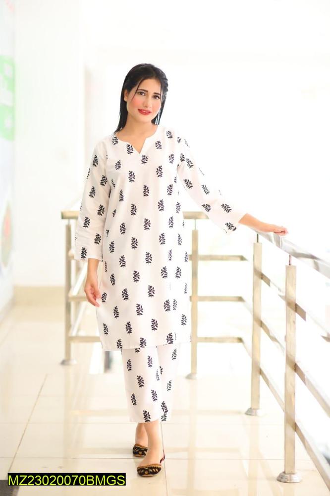 2 Pcs Women's Stitched Linen Block Printed Shirt And Trouser