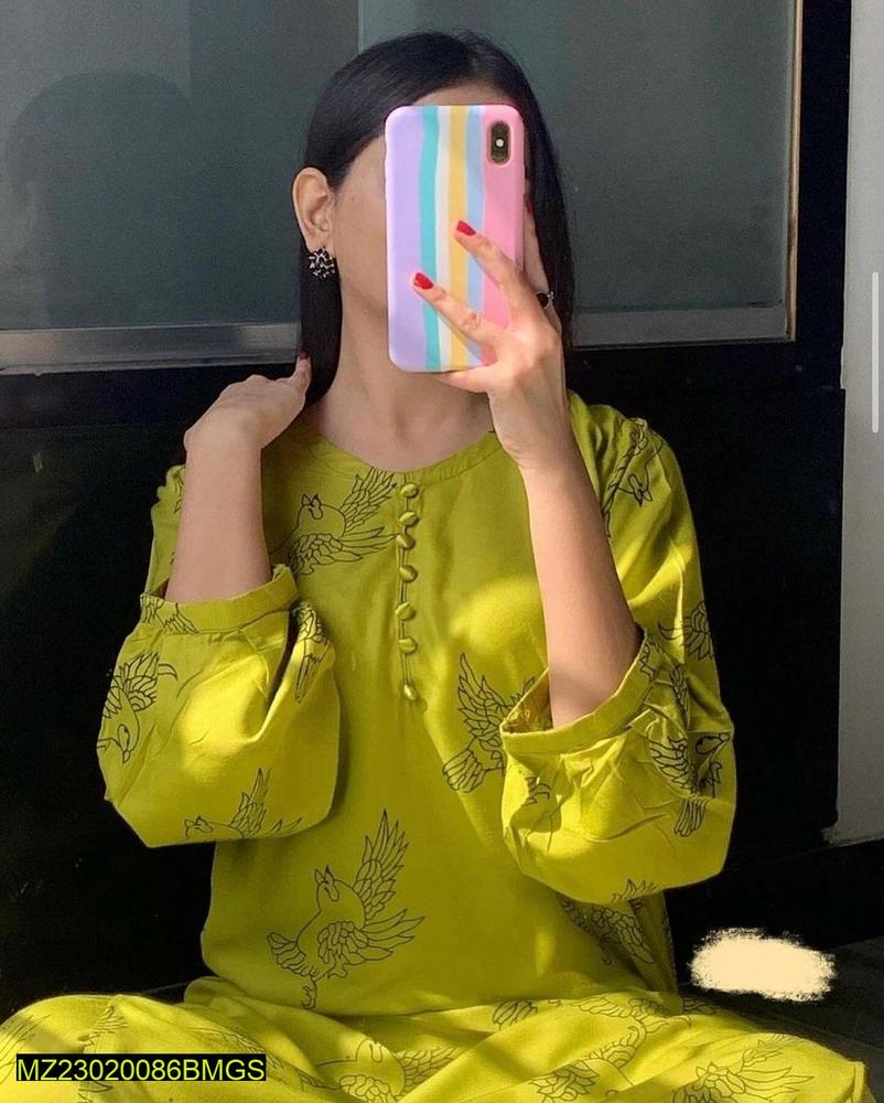 2 Pcs Women's Stitched Linen Printed Shirt And Trouser - Mustard