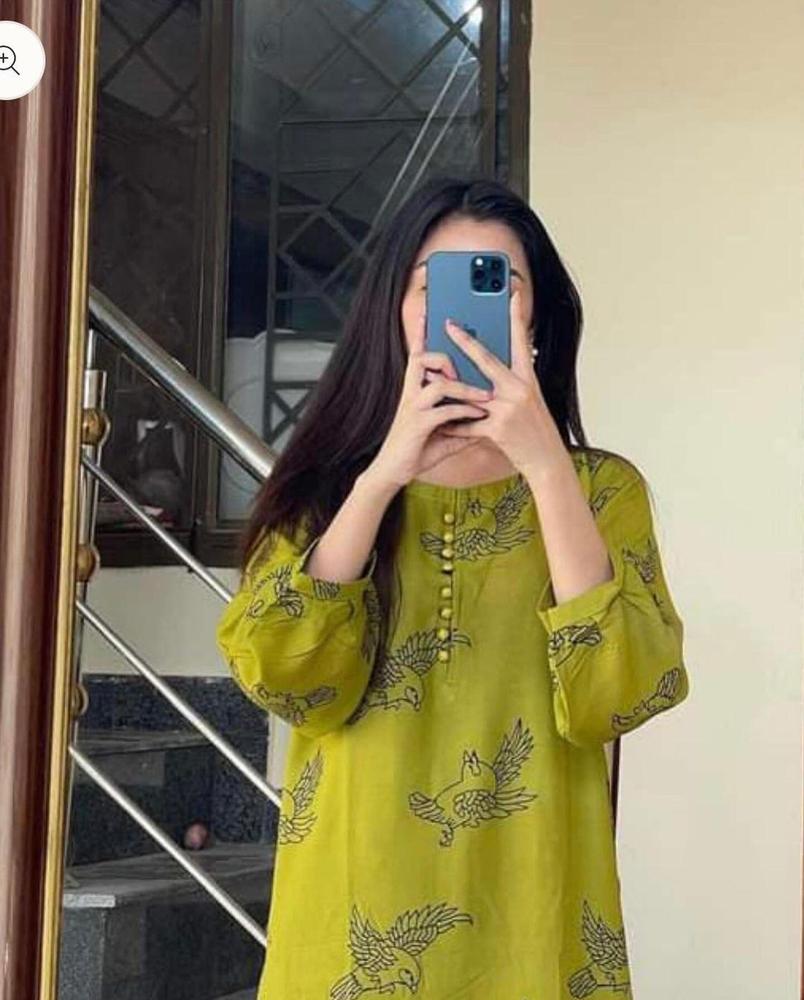 2 Pcs Women's Stitched Linen Printed Shirt And Trouser - Mustard