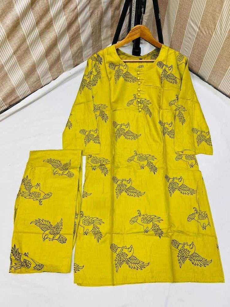 2 Pcs Women's Stitched Linen Printed Shirt And Trouser - Mustard