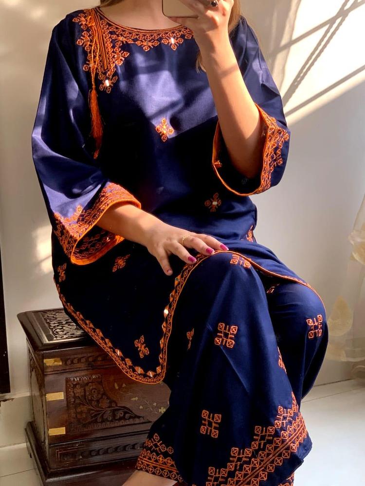 2 Pcs Women's Stitched Linen Embroidered Shirt And Trouser