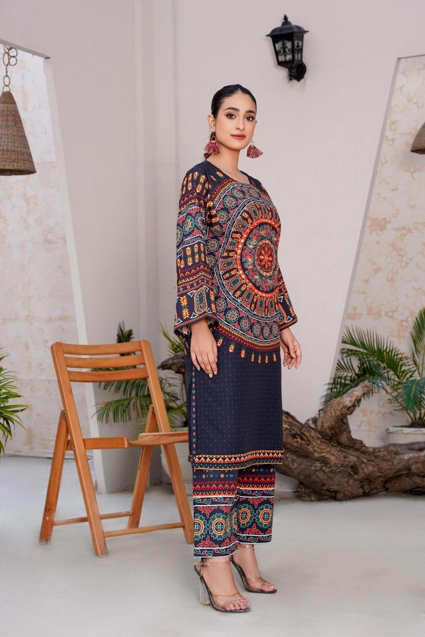 Women's Stitched Printed Shirt and Trouser Set - 2 Pcs with Mirror Work