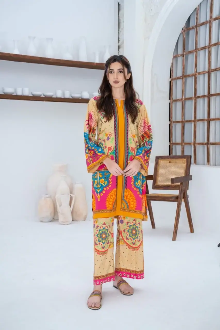Trendy Women's Stitched Suit - 2 Pcs Printed Shirt and Trouser Set
