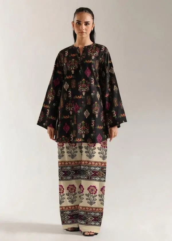 Stylish Printed Lawn Shirt and Trouser Set - 2 Pcs in Black