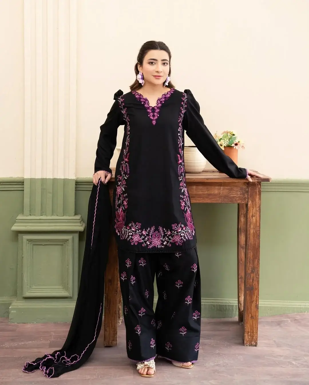 Stylish Black Cotton Embroidered Shirt And Trouser Set - 2 Pcs