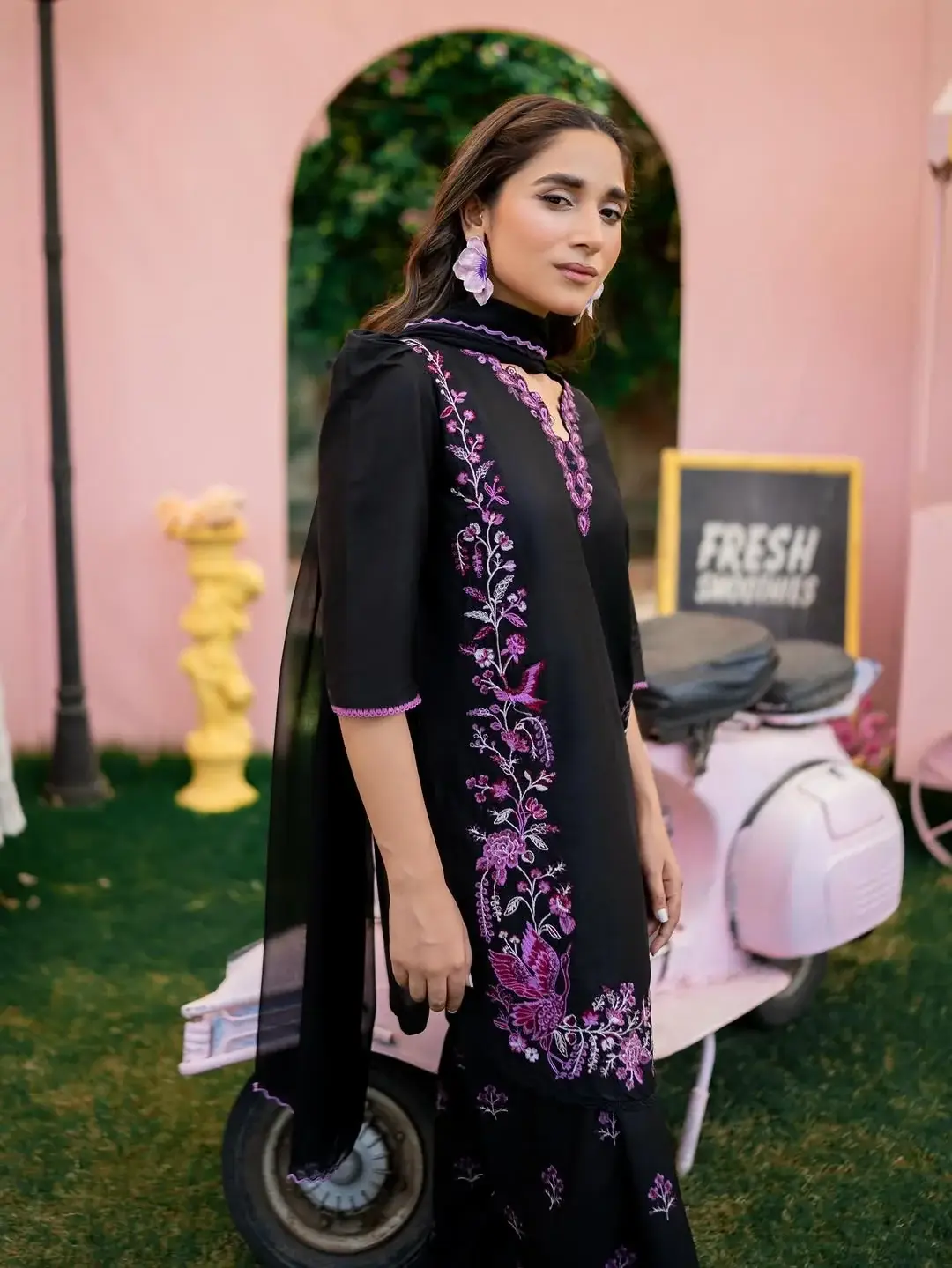 Stylish Black Cotton Embroidered Shirt And Trouser Set - 2 Pcs
