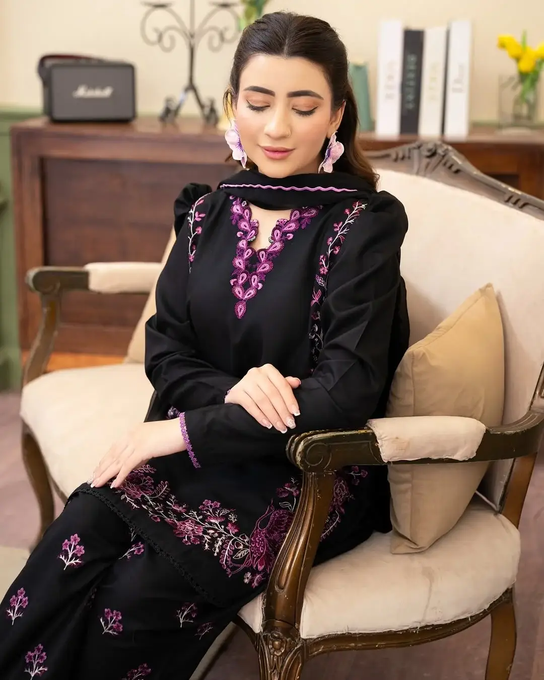 Stylish Black Cotton Embroidered Shirt And Trouser Set - 2 Pcs