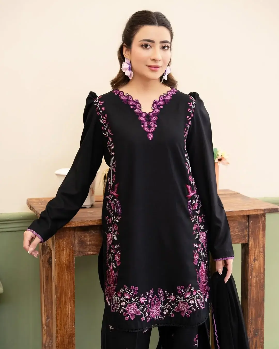 Stylish Black Cotton Embroidered Shirt And Trouser Set - 2 Pcs