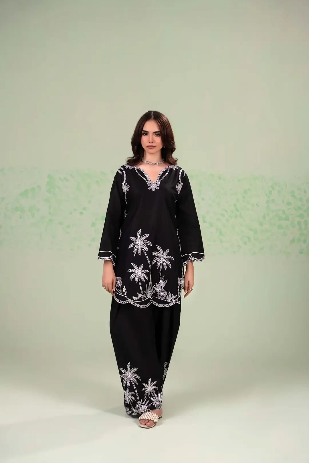 Stylish Black Embroidered Lawn Shirt and Trouser Set - 2 Pcs