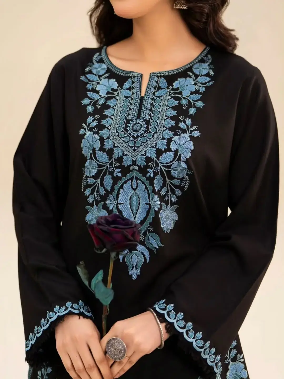 Chic Women's Stitched Cotton Suit Set - Black Embroidered 2 Pcs