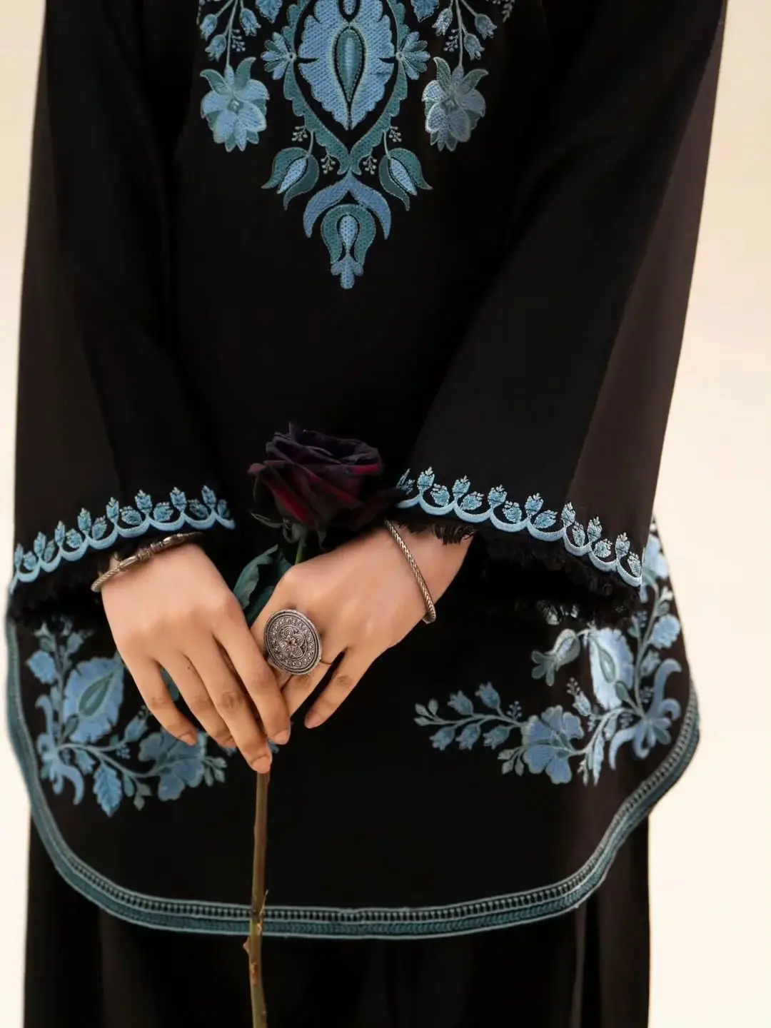 Chic Women's Stitched Cotton Suit Set - Black Embroidered 2 Pcs