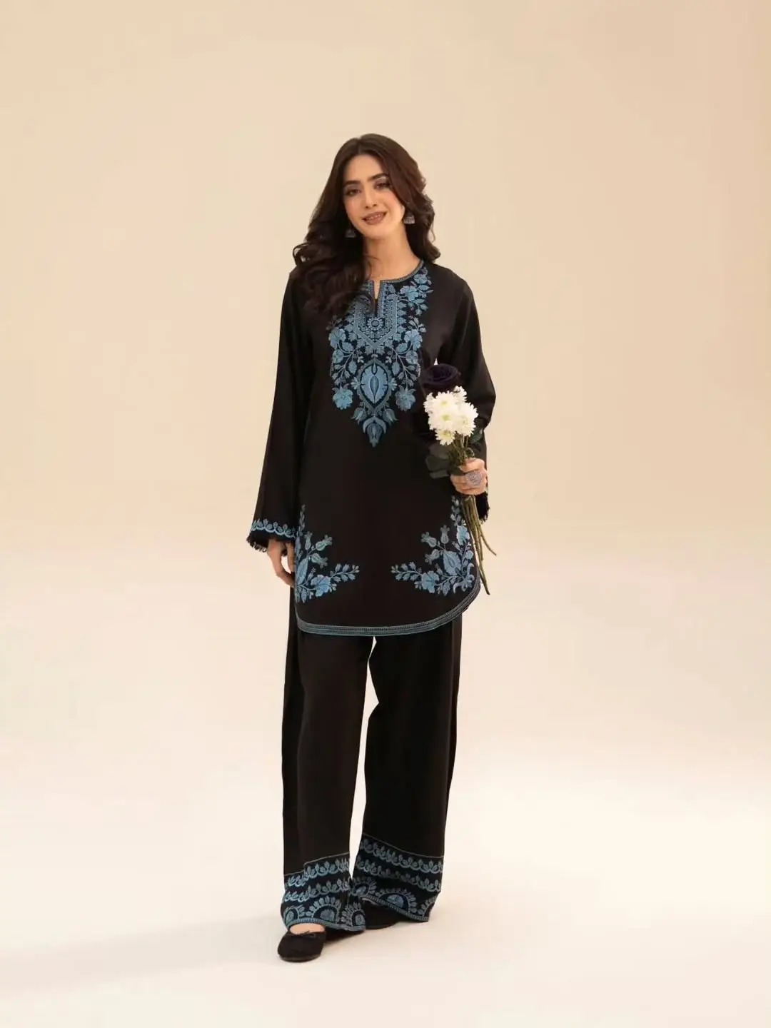 Chic Women's Stitched Cotton Suit Set - Black Embroidered 2 Pcs