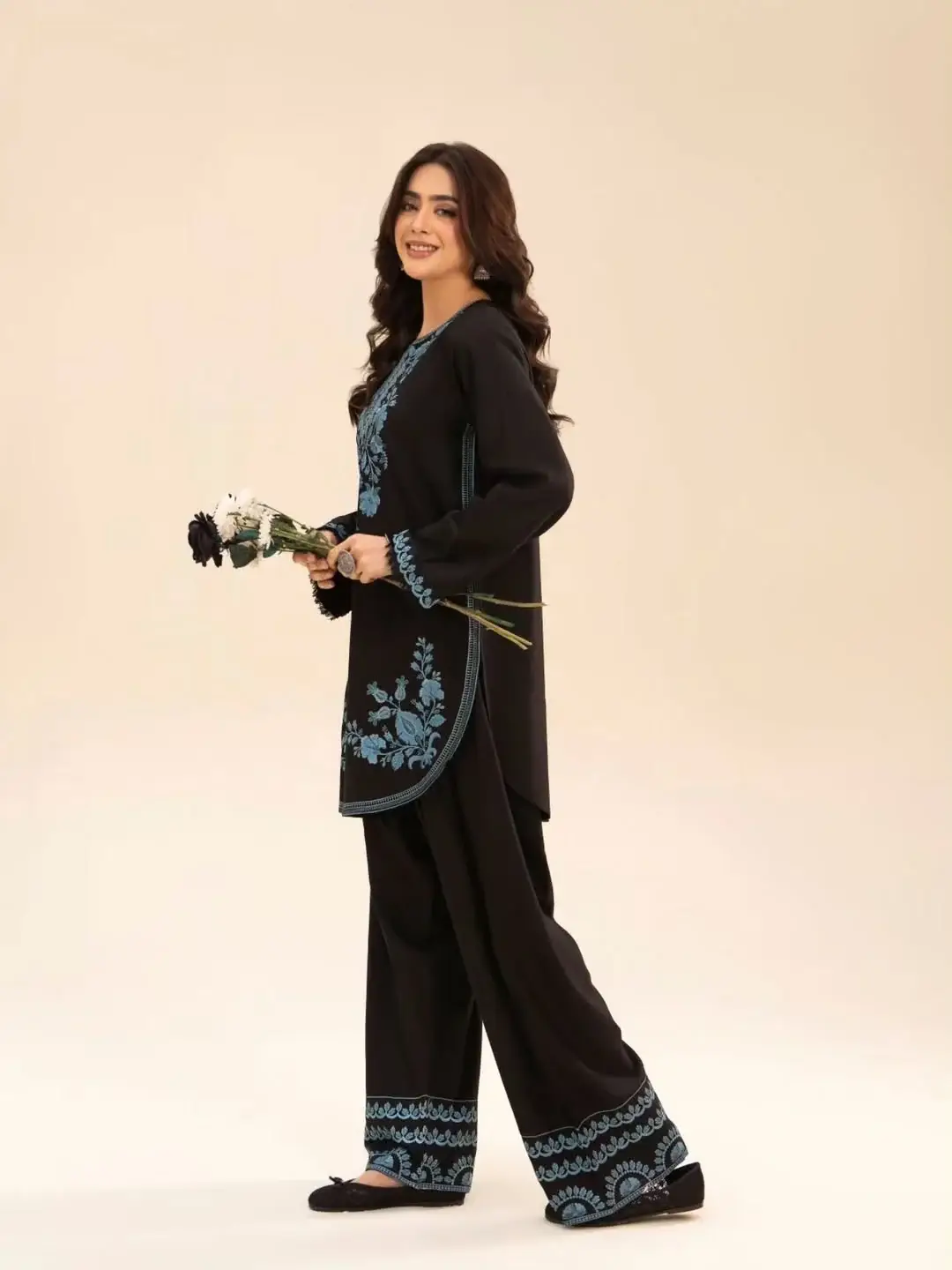 Chic Women's Stitched Cotton Suit Set - Black Embroidered 2 Pcs