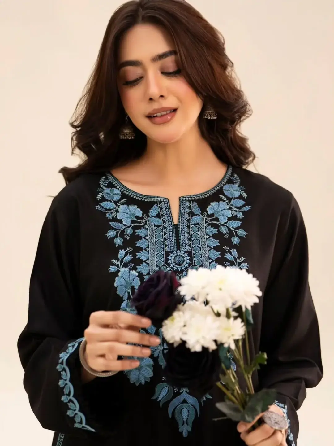 Chic Women's Stitched Cotton Suit Set - Black Embroidered 2 Pcs