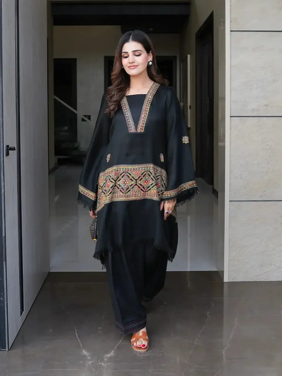 Chic Black Embroidered Shirt and Trouser Set - 2 Pcs