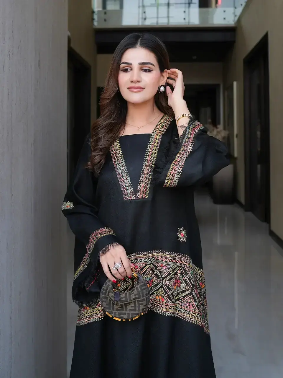 Chic Black Embroidered Shirt and Trouser Set - 2 Pcs