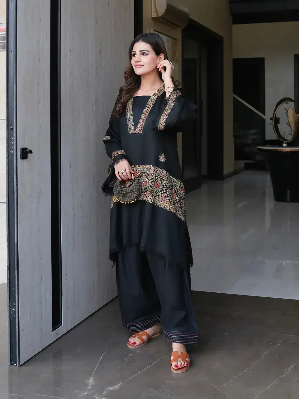 Chic Black Embroidered Shirt and Trouser Set - 2 Pcs