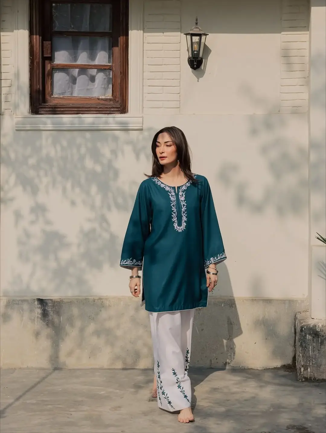 Chic Women's Stitched Embroidered Shirt And Trouser Set