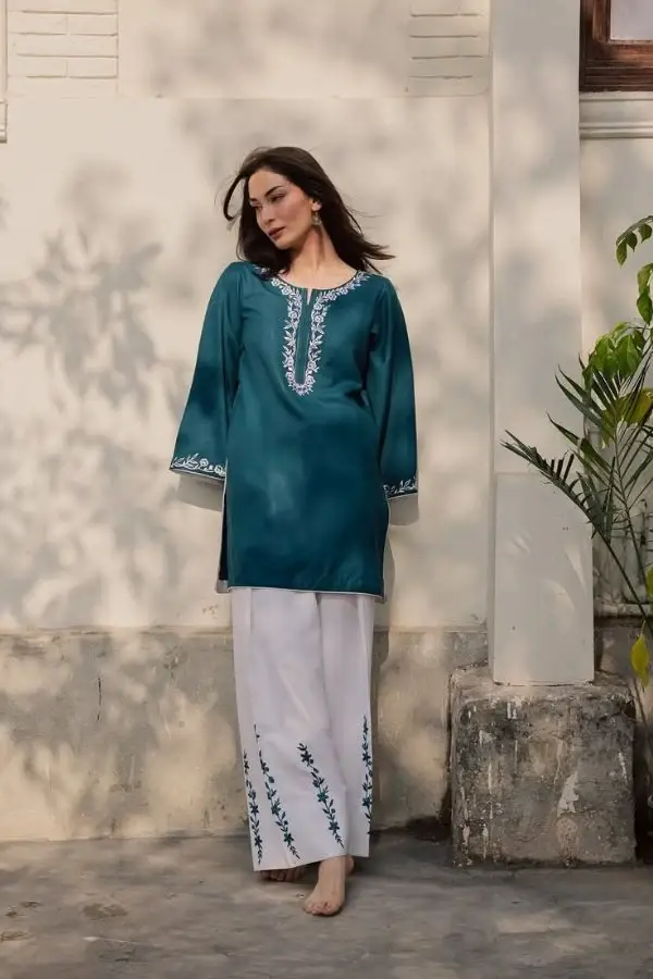 Chic Women's Stitched Embroidered Shirt And Trouser Set