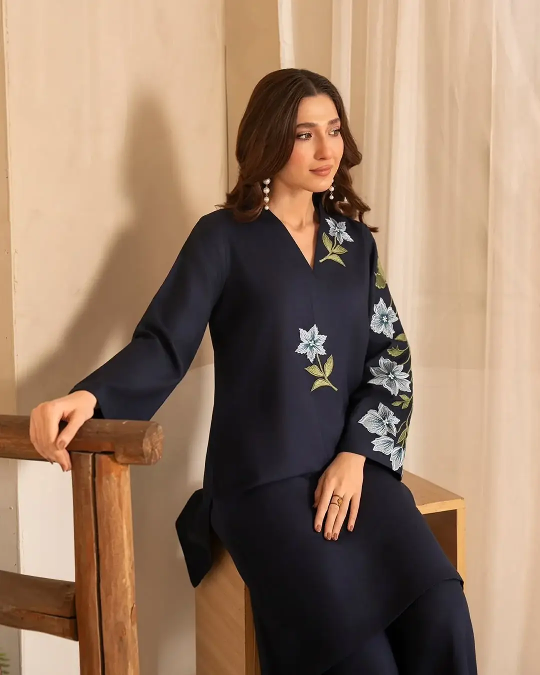 Stunning Black Embroidered Shirt and Trouser Set - 2 Pcs